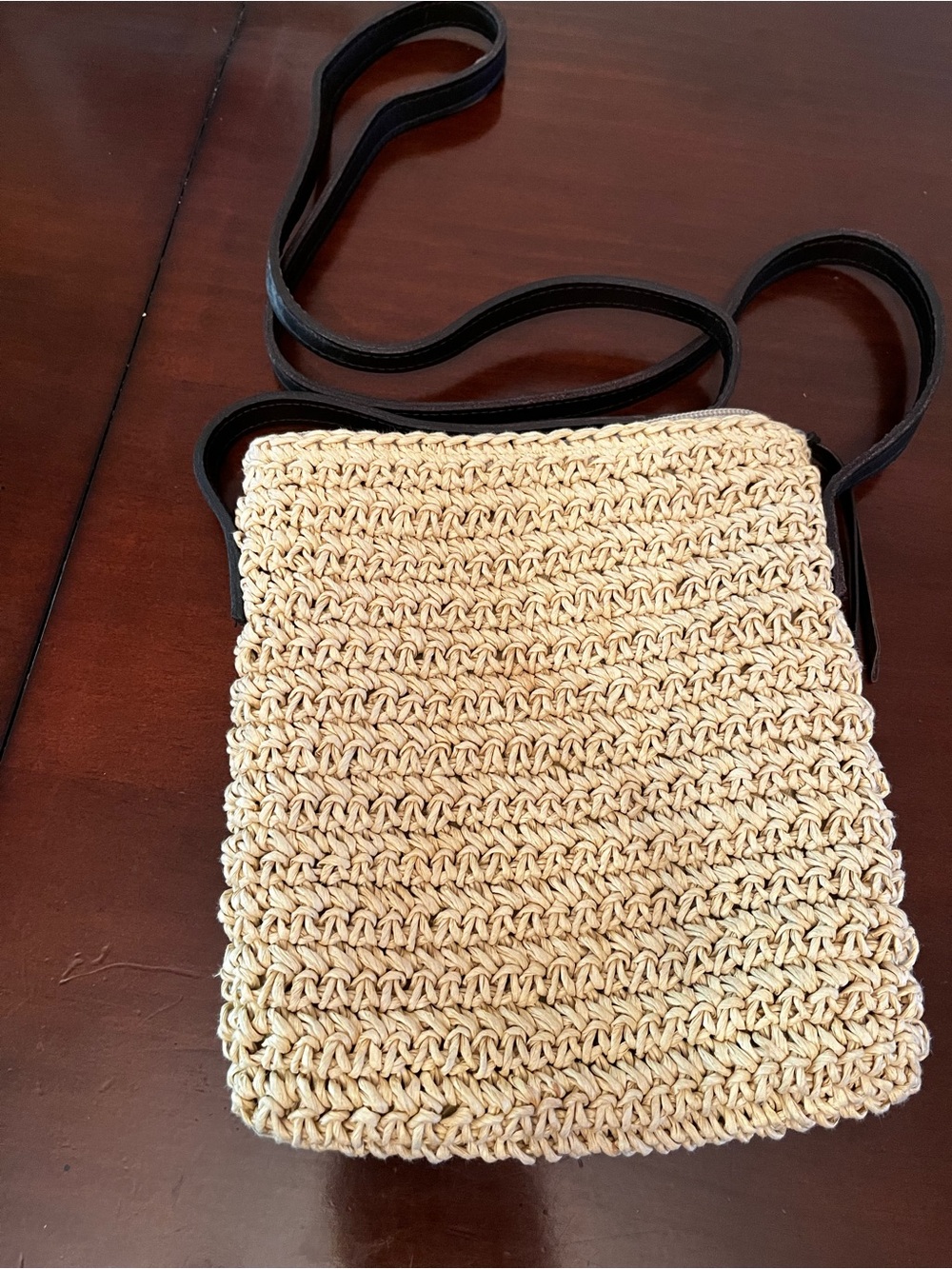 Eddie Bauer Natural Straw Crossbody with Black Strap
